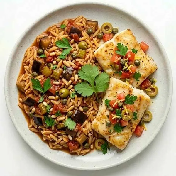 Sicilian fish & caponata orzo